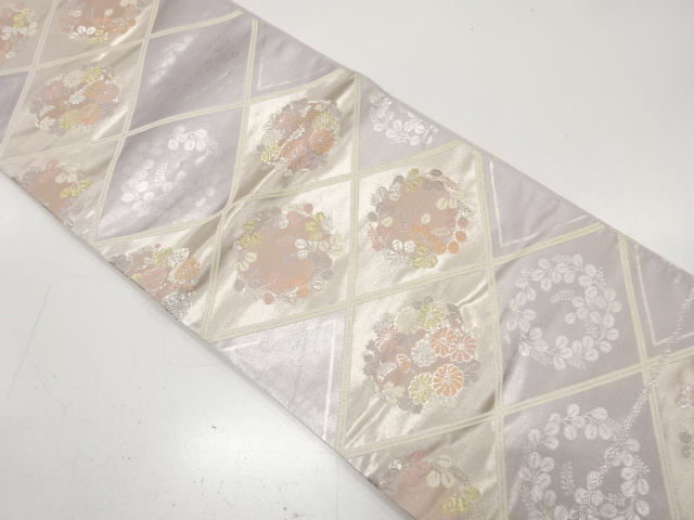 斜め格子に花丸模様織り出し　袋帯